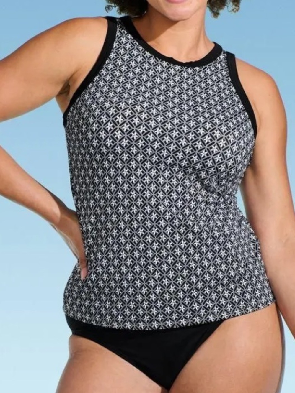 Lands' End Black & White Geometric Tankini Swim Top, Size S (6-8), NWT